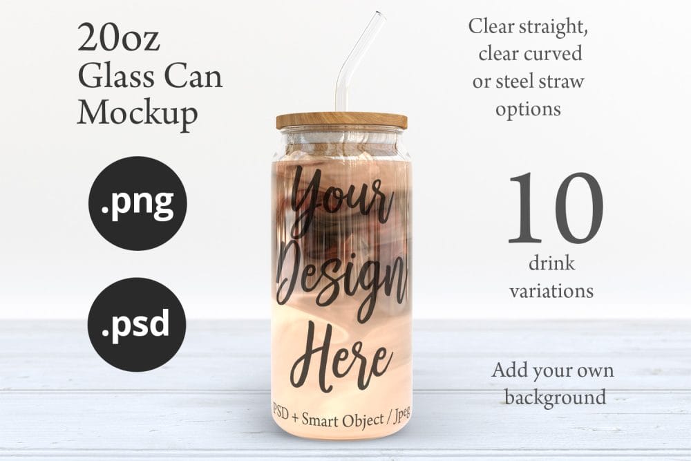 20oz Libbey Soda Can Glass Mockup with Bamboo Lid & Straw Options – Perfect for Customization - Image 2