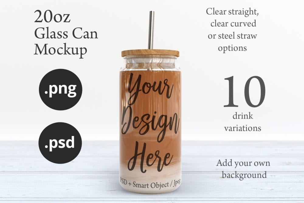 20oz Libbey Soda Can Glass Mockup with Bamboo Lid & Straw Options – Perfect for Customization - Image 3