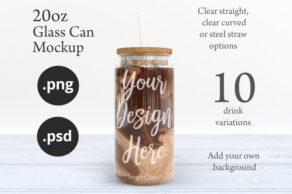 20oz Libbey Soda Can Glass Mockup with Bamboo Lid & Straw Options – Perfect for Customization - Image 4