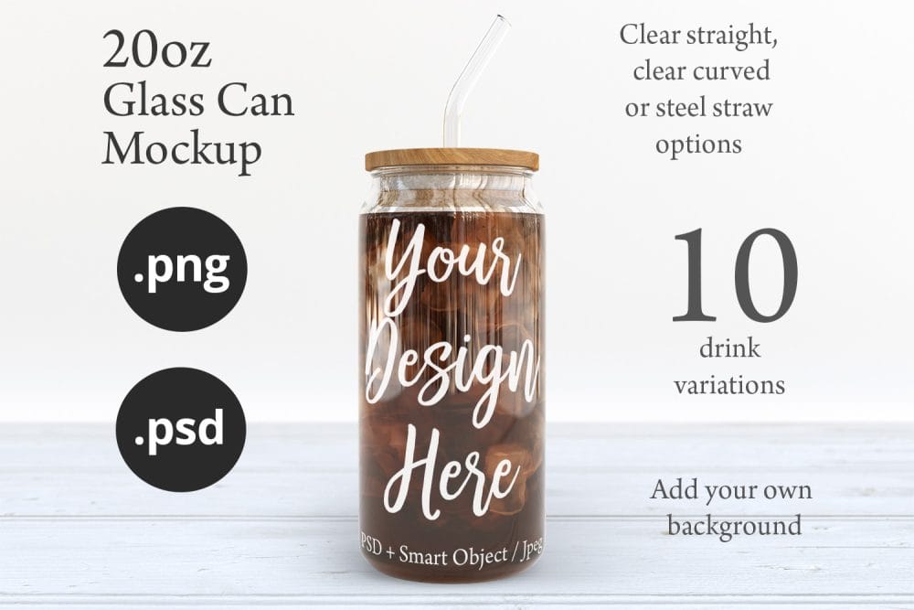 20oz Libbey Soda Can Glass Mockup with Bamboo Lid & Straw Options – Perfect for Customization - Image 8