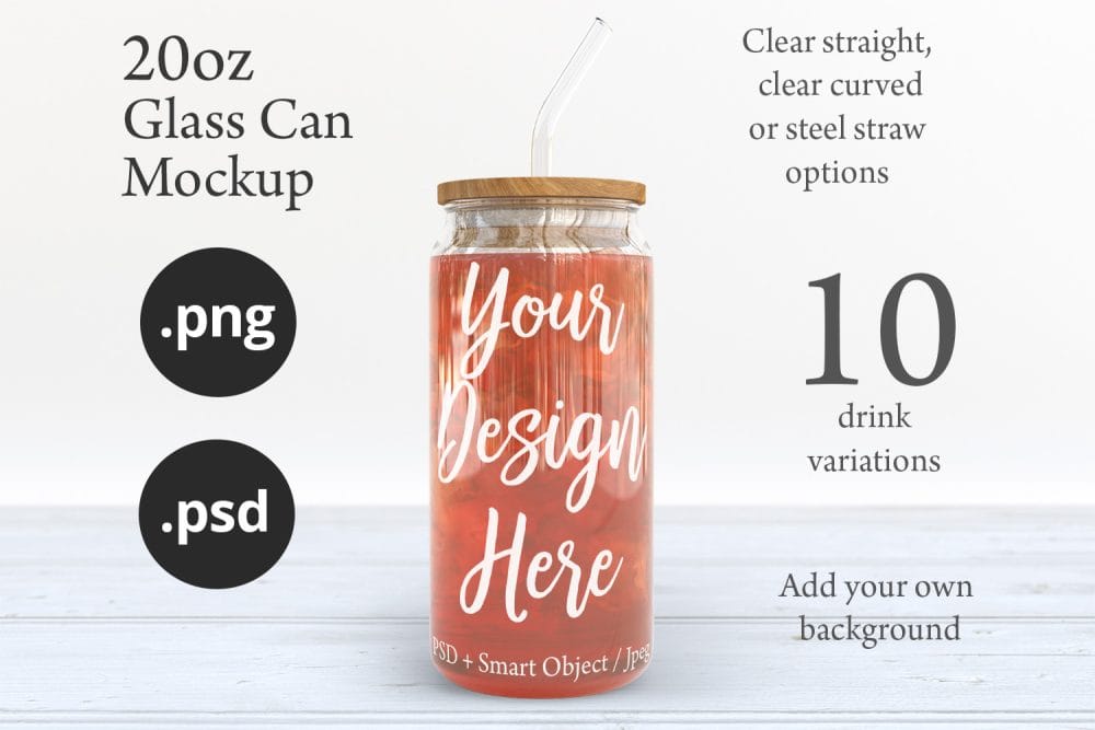 20oz Libbey Soda Can Glass Mockup with Bamboo Lid & Straw Options – Perfect for Customization - Image 10