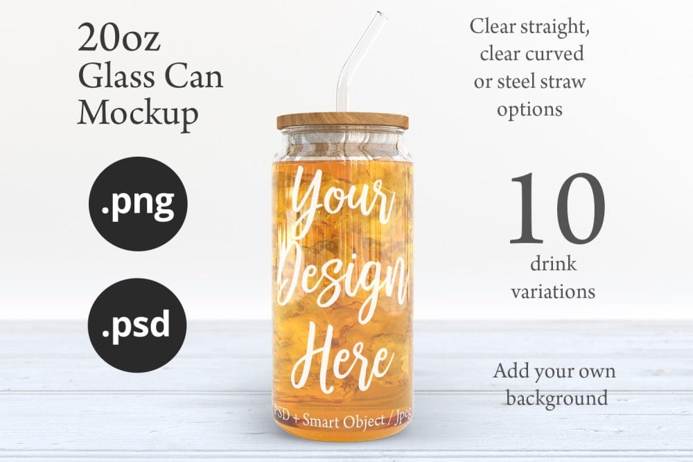 20oz Libbey Soda Can Glass Mockup with Bamboo Lid & Straw Options – Perfect for Customization - Image 11