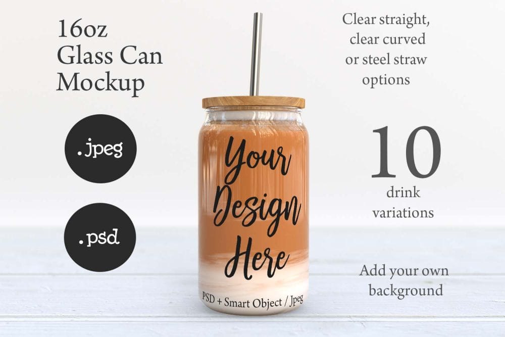 16oz Libbey Soda Can Glass Mockup with Bamboo Lid & Straw Options – Perfect for Customization - Image 10