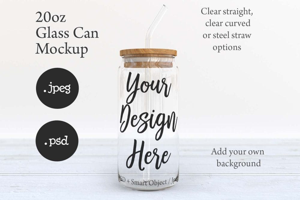 20oz Libbey Soda Can Glass Mockup with Bamboo Lid & Straw Options