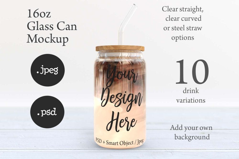 16oz Libbey Soda Can Glass Mockup with Bamboo Lid & Straw Options – Perfect for Customization - Image 9