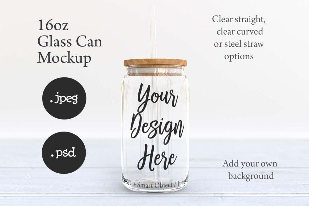 16oz Libbey Soda Can Glass Mockup with Bamboo Lid & Straw Options - Image 2
