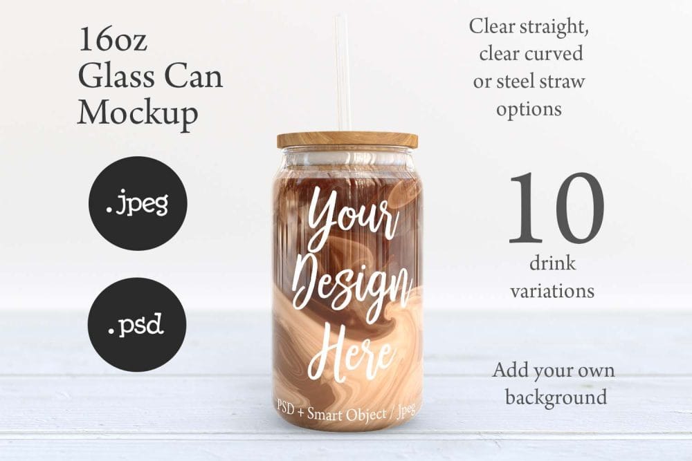 16oz Libbey Soda Can Glass Mockup with Bamboo Lid & Straw Options – Perfect for Customization - Image 8