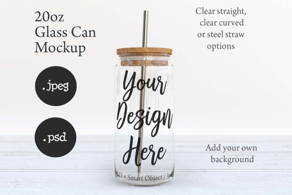 20oz Libbey Soda Can Glass Mockup with Bamboo Lid & Straw Options - Image 6