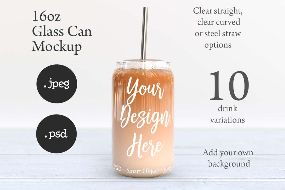 16oz Libbey Soda Can Glass Mockup with Bamboo Lid & Straw Options – Perfect for Customization - Image 7