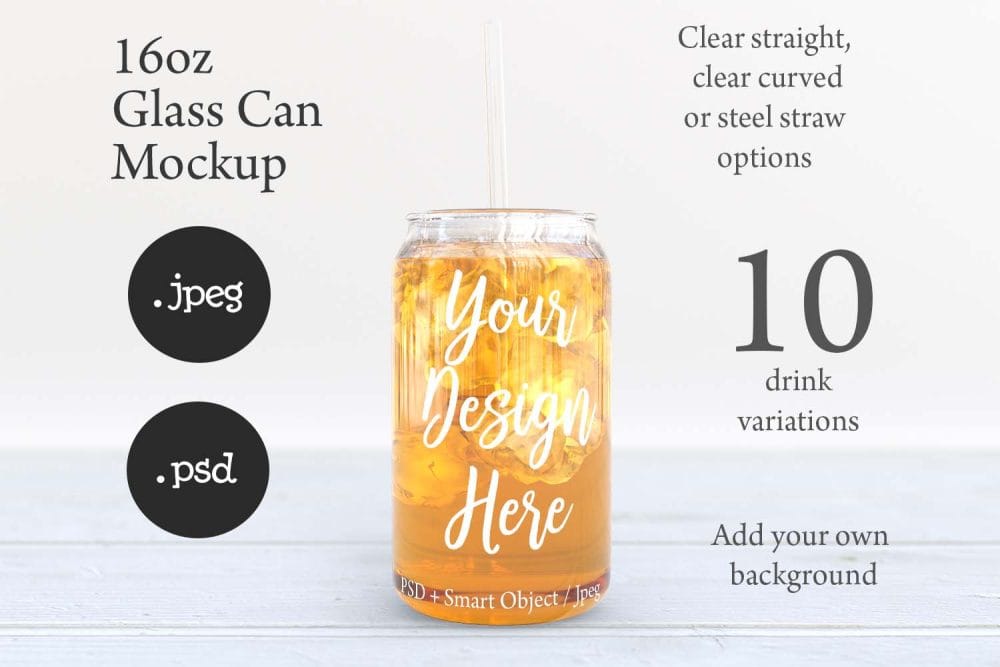 16oz Libbey Soda Can Glass Mockup with Bamboo Lid & Straw Options – Perfect for Customization - Image 5