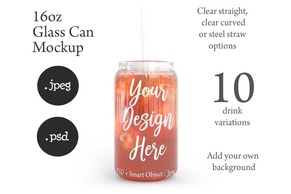 16oz Libbey Soda Can Glass Mockup with Bamboo Lid & Straw Options – Perfect for Customization - Image 4