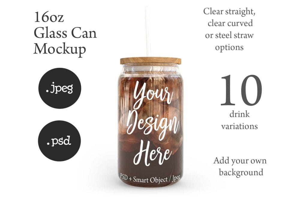 16oz Libbey Soda Can Glass Mockup with Bamboo Lid & Straw Options – Perfect for Customization - Image 3