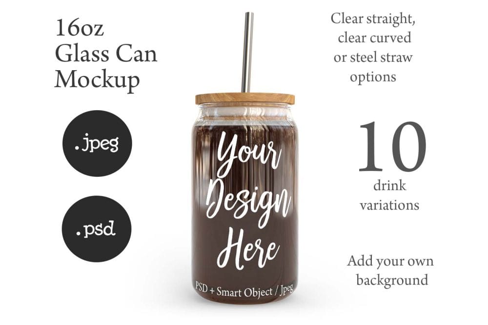 16oz Libbey Soda Can Glass Mockup with Bamboo Lid & Straw Options – Perfect for Customization - Image 2