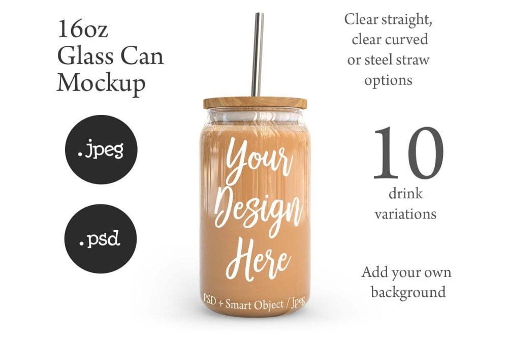 16oz Libbey Soda Can Glass Mockup with Bamboo Lid & Straw Options – Perfect for Customization